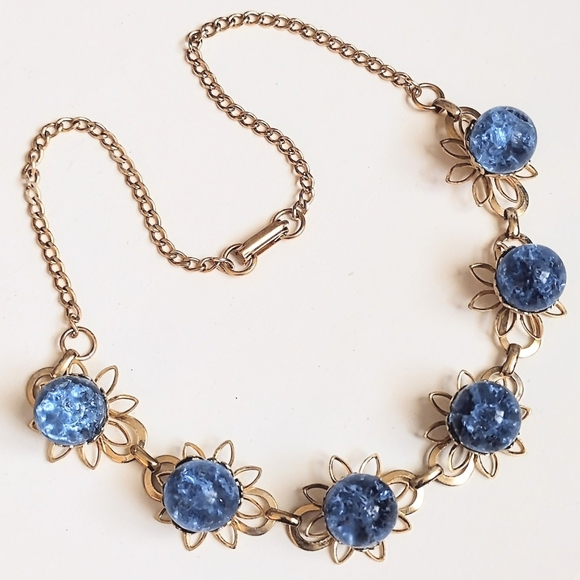 💙 Vintage MCM Crushed Blue Ice Bubble Bead Gold Necklace Earrings Set - Picture 3 of 9